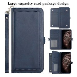 Premium PU Leather Folio Wallet Front Cover Case with Card Holder Slots and Wrist Strap for Apple iPhone 11 [6.1] (Navy Blue)
